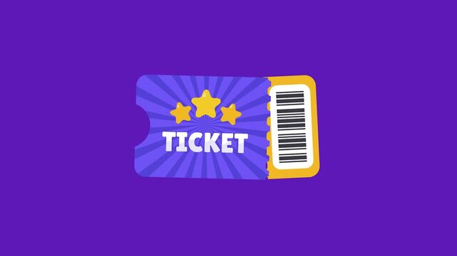 Cartoon style event tickets with stars and barcode on purple background for entertainment, fun, and access.