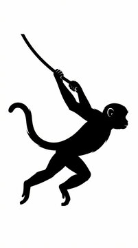 A black silhouette of a monkey swinging from a vine against a plain background.