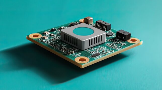 Detailed View of Electronic Circuit Board Featuring Microprocessor and Various Components on Colorful Background
