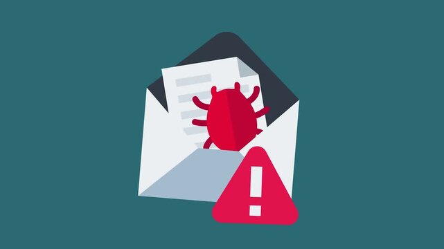 Phishing email alert showing digital malware threat with bug icon inside an open envelope and warning symbol
