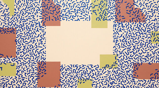 Abstract eighties memphis design style background featuring blue wavy squiggles and colorful geometric block paper shapes