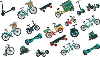 Eco Friendly Personal Transportation Vector Set with Micro Mobility Electric Scooters Urban Bicycles and Skateboard Elements for Modern City Life Designs © Mst Rebeka