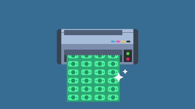 High tech printer rapidly producing stacks of fresh, crisp green currency notes with a bright sparkle, symbolizing wealth and financial growth.
