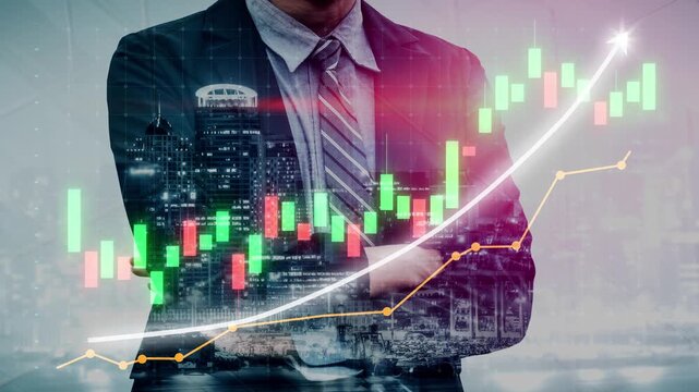 A professional businessman stands confidently amidst a vibrant stock market overlay, symbolizing growth and success in the financial sector against a city backdrop. Copula