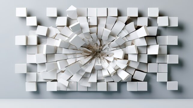 Abstract explosion of white cubes creating a dynamic wall art installation with depth and texture in a modern setting