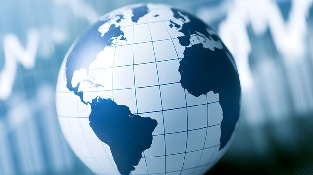 A stylized globe with continents and grid lines  set against a blurred background of financial charts and graphs