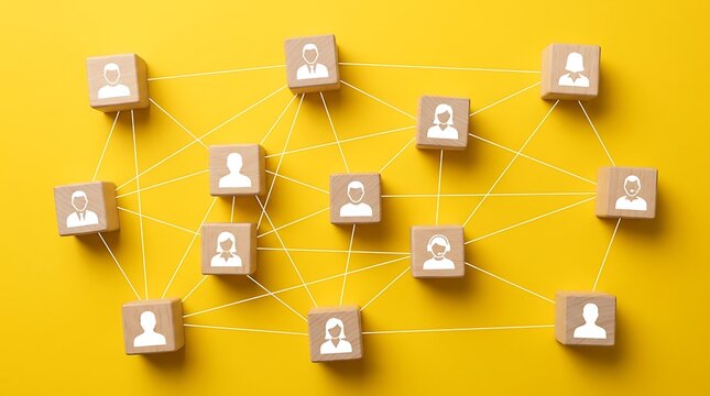 Wooden blocks representing professional business networking connection icons arranged on a bright vibrant yellow background surface