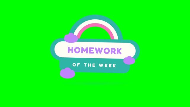 Colorful graphic design element featuring the text homework of the week with a rainbow and clouds on a green background.