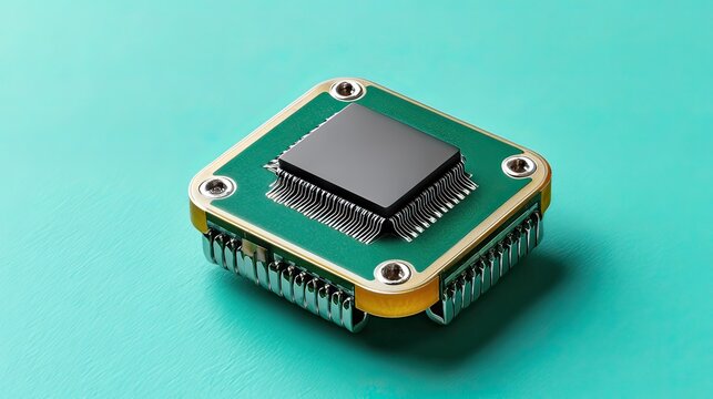 Modern microprocessor on green background showcasing technology advancement and engineering innovation in computing devices