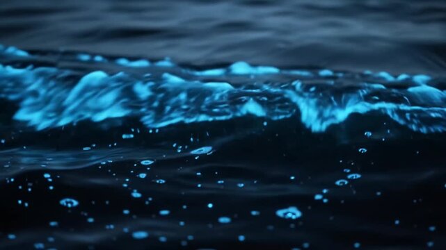 Glowing blue bioluminescent ocean waves rippling at night, magical natural water light phenomenon