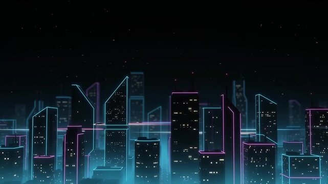 Futuristic neon city skyline silhouette with glowing light trails on dark background, cyberpunk technology