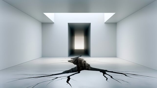 Creative abstract interior design featuring a crack in the floor leading to a bright illuminated doorway in a minimalist space