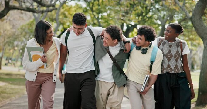Happy, friends or college student in park with walk, group hug or connection in higher education. Diversity, laugh or people with embrace, peer bonding or university support in study opportunity.
