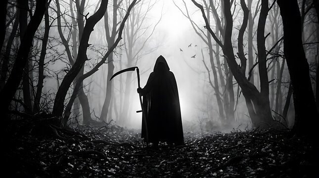 Grim reaper photo in a spooky forest with dark fog, creepy trees, and a scythe for Halloween themes
