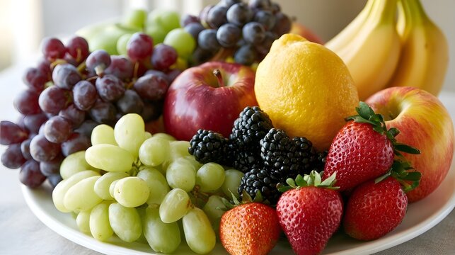 A vibrant assortment of fresh fruits including grapes  s  strawberries  blackberries  bananas  and a lemon arranged on a white plate