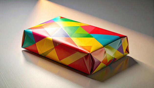 Bright colorful wrapped gift box with geometric triangle pattern under warm spotlight.