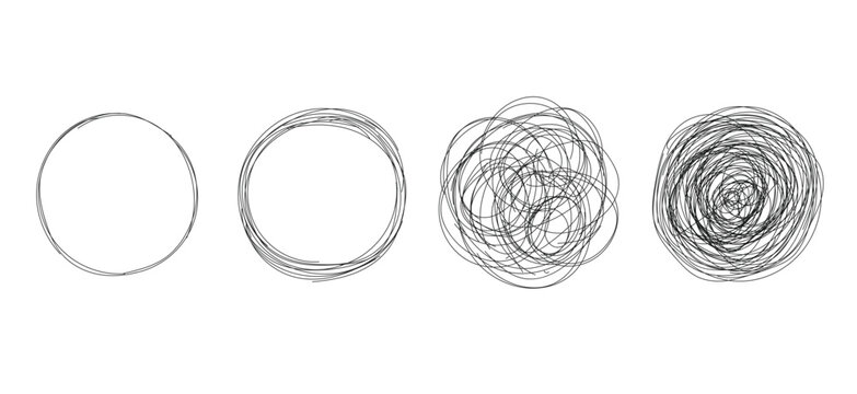 A circular scribble icon set shows messy line progress from simple shape to complex chaotic sketch on white background