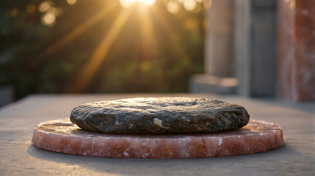 Polished river stone dais placed on pink himalayan salt platform for professional product display