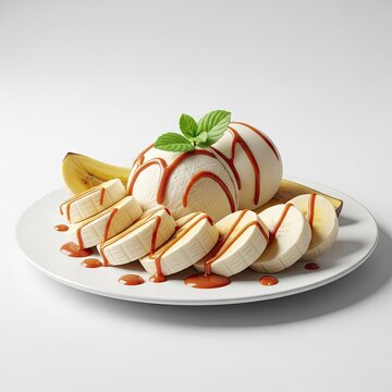 Delicious Banana Split Ice Cream Dessert with Caramel Drizzle and Fresh Mint.