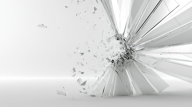 Abstract shattered glass explosion with dynamic shards and reflections on a bright white background