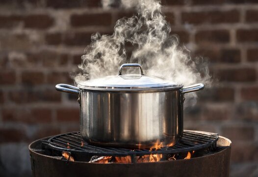 Large metal pot boiling over an open fire, surrounded by steam and flames, showcasing rustic outdoor cooking, traditional food preparation, camping, and culinary warmth