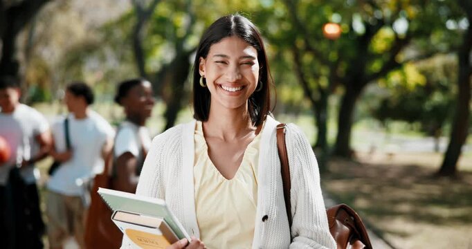 Face, woman and smile at college with textbook, pride and optimistic for future in higher education. Happy, person or student outdoor at university with learning resources, knowledge and scholarship.