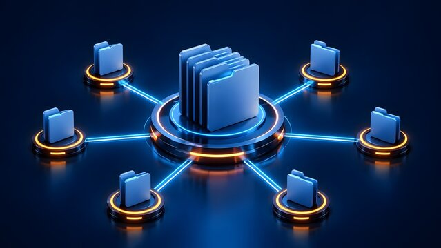 Digital file sharing and synchronization network concept showing central database distributing documents to connected individual folders.