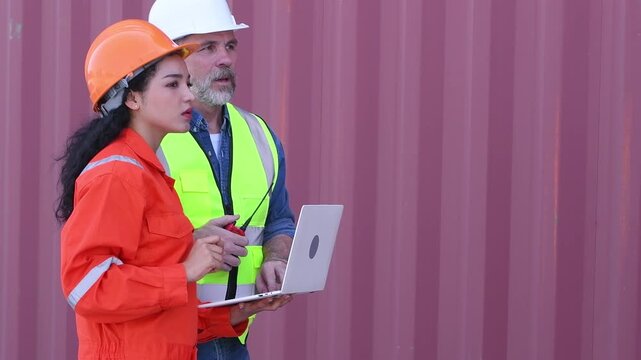 Engineers wearing safety helmets and high visibility clothing discussing logistics and inspecting shipping terminal representing container management freight.