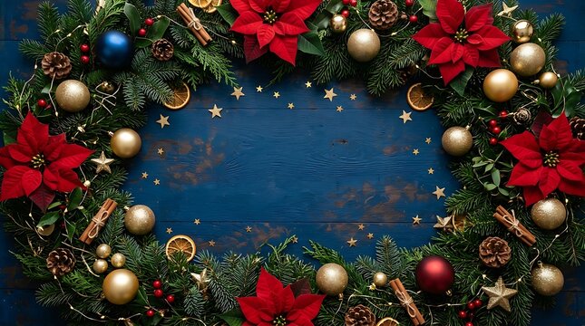Christmas wreath with poinsettia flowers and gold ornaments on dark blue surface