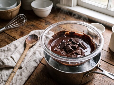 Melting chocolate in a glass bowl over a double boiler. Steam rising from hot water pan. Dark chocolate chunks melting in smooth liquid ganache on rustic wooden kitchen table surface
