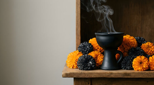 Incense Burner Emitting Copal Smoke Wide Angle View