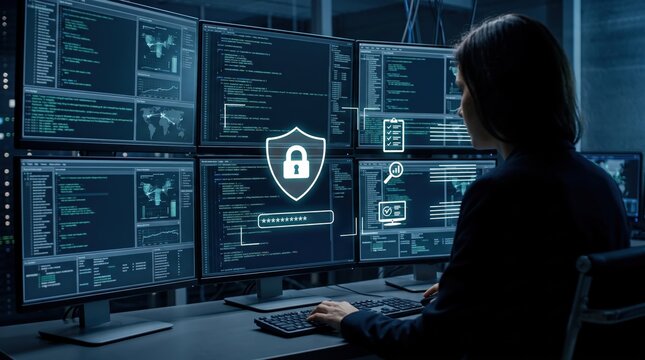 Cybersecurity specialist monitoring multiple screens with code and security shields, ensuring digital protection against cyber threats and malware attacks in a high-tech control room environment.