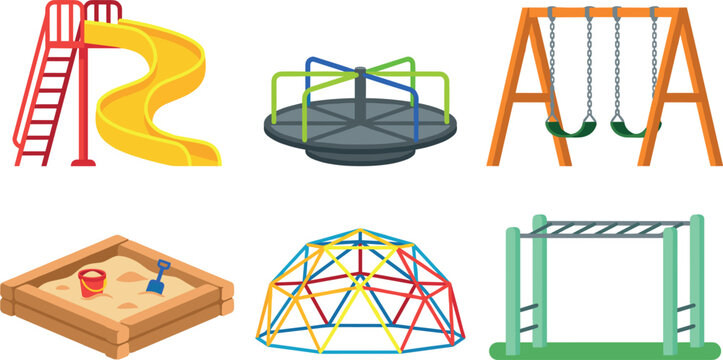 Vector illustration set of colorful kids playground equipment featuring a slide merry go round swing set sandbox climbing dome and monkey bars