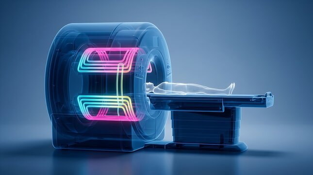 Medical mri scanner capturing human body diagnostics with bright neon glowing lights in digital blue style