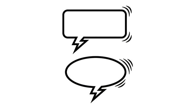 Two hand drawn speech bubbles feature dynamic lightning bolts and radiating lines presented on a clean simple plain white background illustration