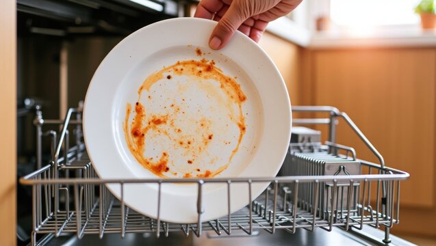 Person's hand placing a dirty plate with food residue into the bottom rack of an open dishwasher in a domestic kitchen