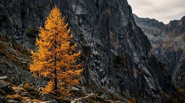 Golden larch tree standing against a massive dark grey rocky mountain face during autumn season daylight