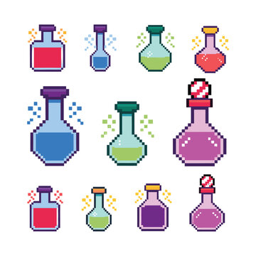 Pixelated potion bottles in various colors are arranged against a white background