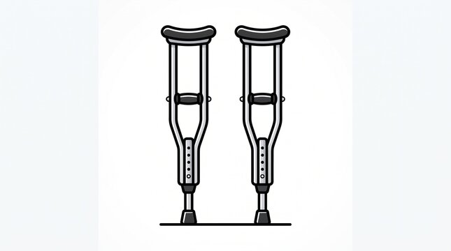 pair of gray metal underarm crutches with black padded armpit rests handgrips and rubber tips adjustable height medical mobility aid cartoon icon isolated on white