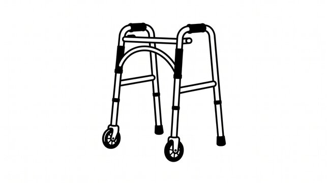 black and white line drawing of wheeled walker mobility aid with two front wheels handgrips and four legs medical rehabilitation equipment cartoon icon isolated on white