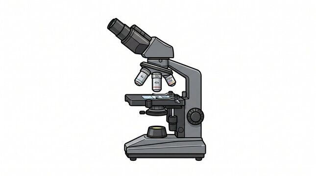 gray compound light microscope with binocular eyepiece triple objective lenses 4x 10x 40x 100x oil stage and glass slide laboratory scientific equipment cartoon isolated on white