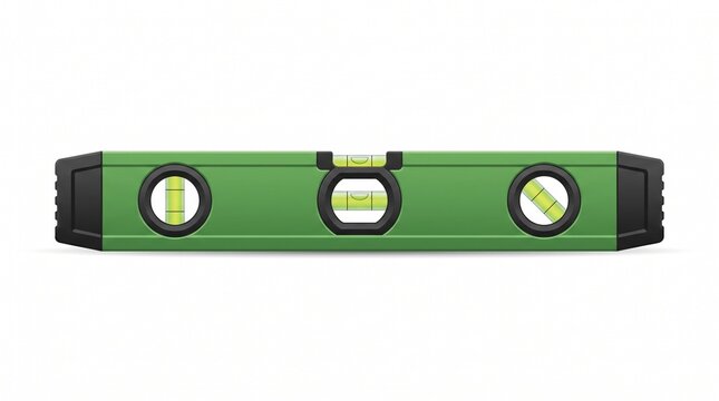 green spirit level tool with black end caps and three bubble vials horizontal vertical and diagonal measurement carpentry construction cartoon isolated on white