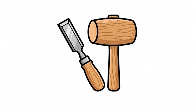 woodworking chisel with light brown wooden handle silver blade and matching wooden mallet hammer carpentry hand tools cartoon illustration isolated on white