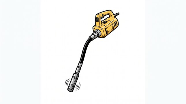 yellow concrete vibrator machine with black flexible hose and silver vibrating poker head motion lines indicating vibration cartoon power tool isolated on white