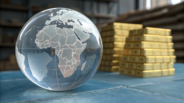 Transparent Crystal Glass Globe with Stacked Gold Bullion Bars representing Global Economy, Wealth, and Investment &ndash; 3D Rendering