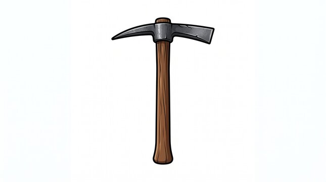 pickaxe with brown wooden handle and double sided gray metal head pointed pick on one side flat adze on other cartoon tool illustration isolated on white