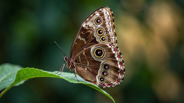 A brown morpho butterfly resting on a green leaf