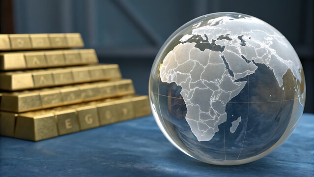 Transparent Crystal Glass Globe with Stacked Gold Bullion Bars representing Global Economy, Wealth, and Investment &ndash; 3D Rendering