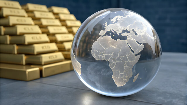 Transparent Crystal Glass Globe with Stacked Gold Bullion Bars representing Global Economy, Wealth, and Investment &ndash; 3D Rendering