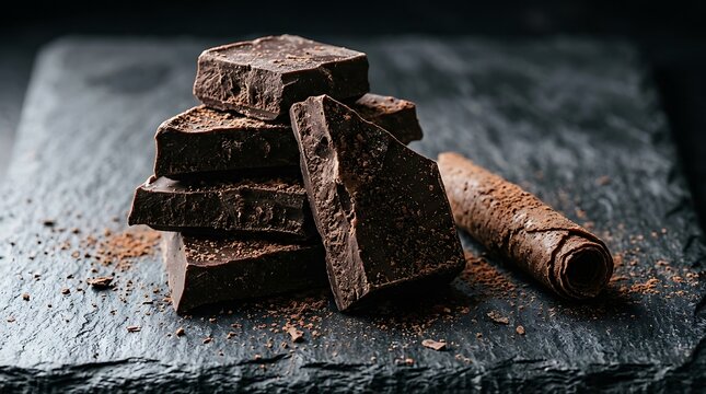 Dark chocolate chunks stacked neatly on a textured slate surface with dusting of fine cocoa powder